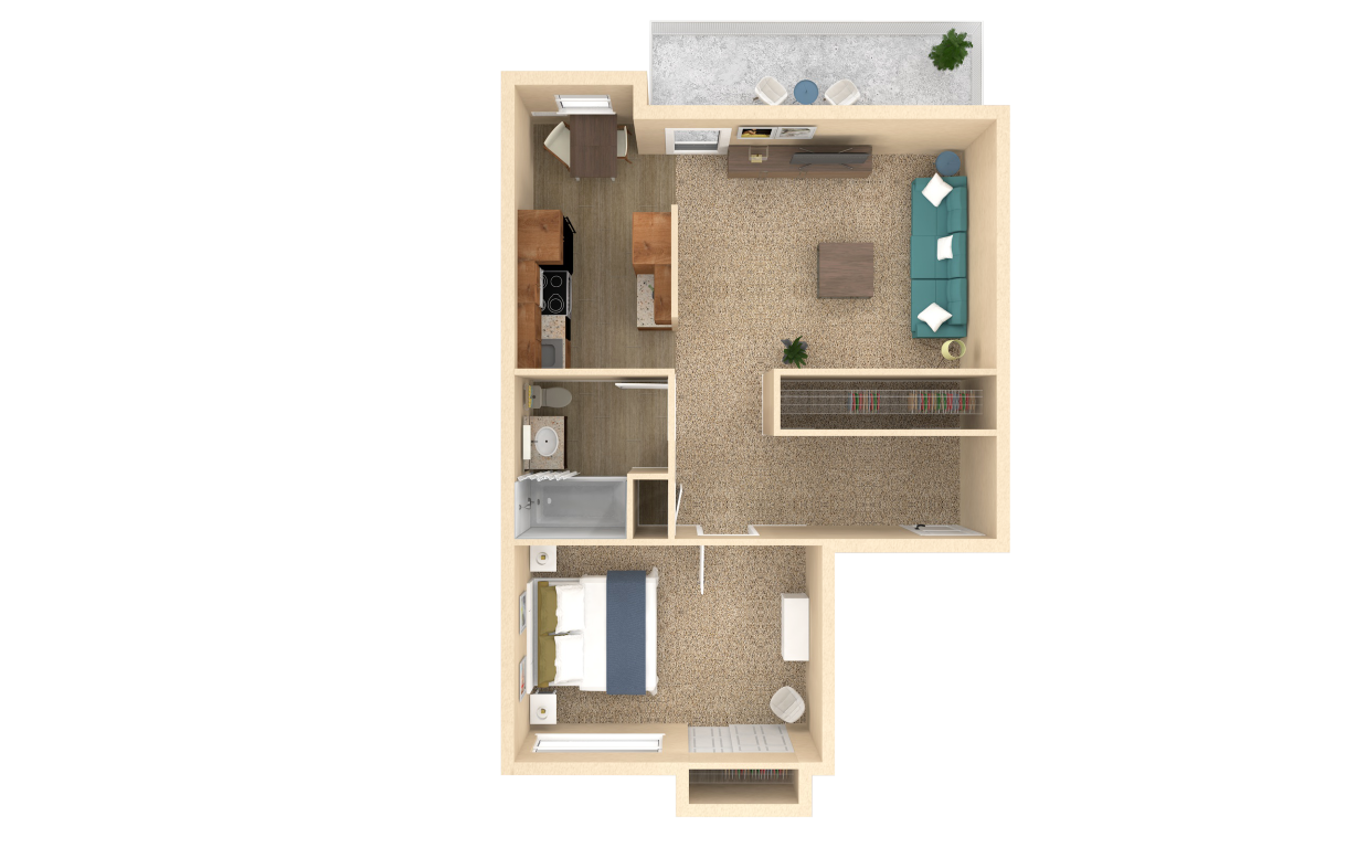 Floor plan for 1 bed, 1 bath, 710 sqft